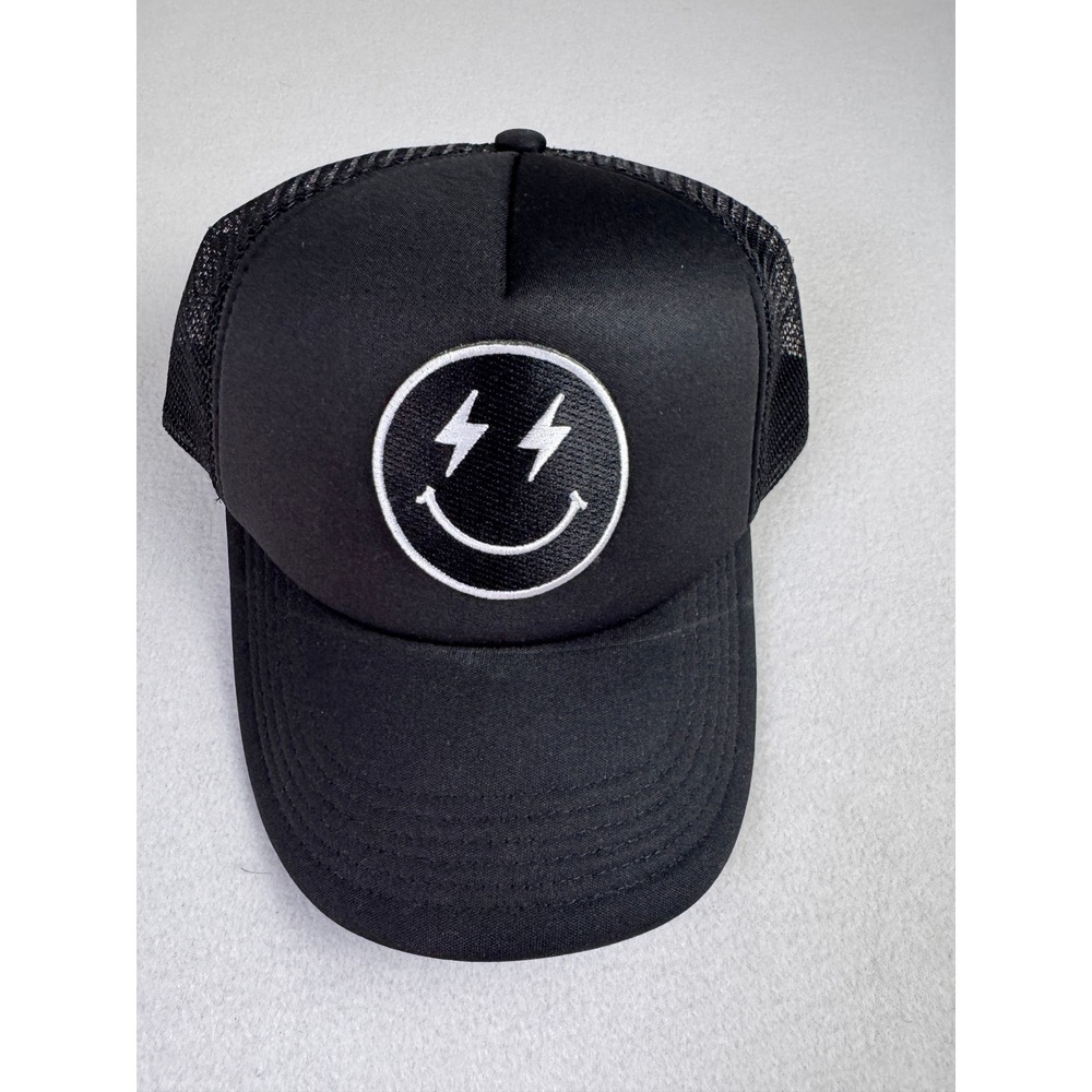 Women's Black Lightning Smiley Trucker Hat Mesh Snapback Y2K Streetwear